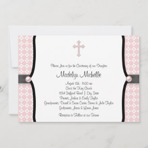 Invitación Perla Cruz Rosa Negro Damasco Bautizo