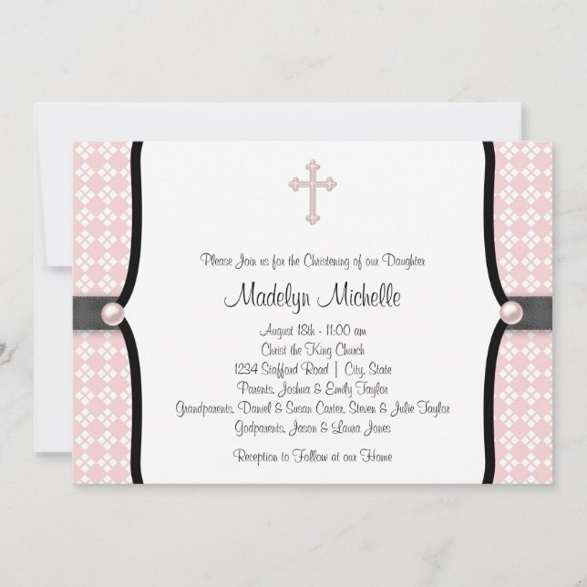 Invitación Perla Cruz Rosa Negro Damask Bautizo (Anverso)