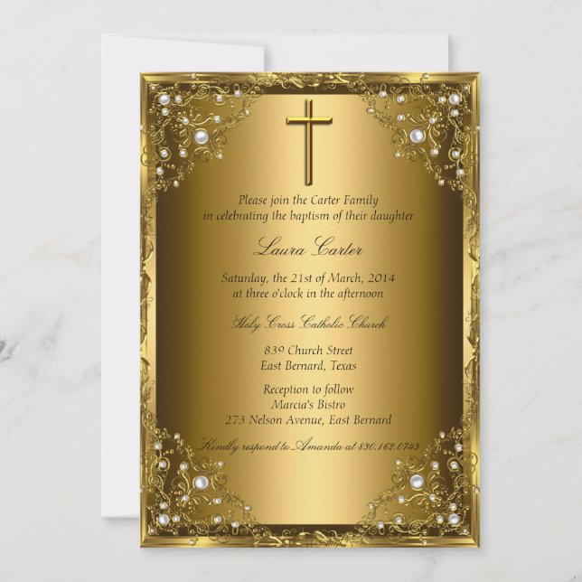 Invitación Perla Damasco y bautismo de oro cruzado (Anverso)
