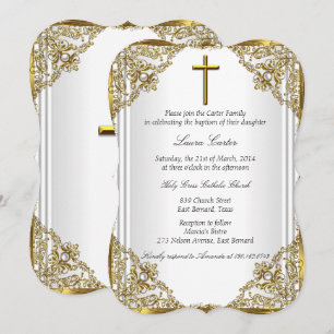 Invitación Perla de Damasco de Oro Blanco Cruz Bautizo Bautis