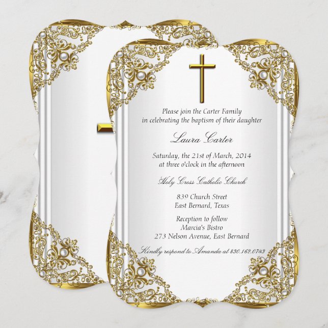 Invitación Perla de Damasco de Oro Blanco Cruz Bautizo Bautis (Anverso / Reverso)