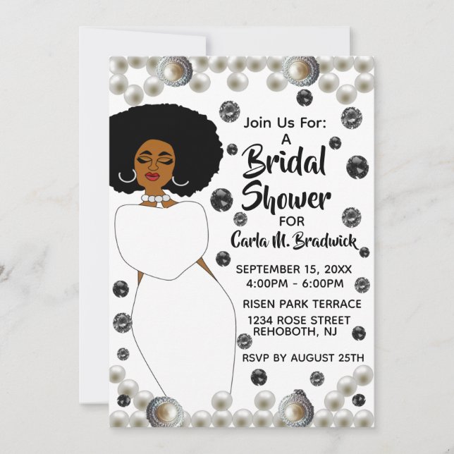 Invitación Perla de diamantes blancos ducha de novia afroamer (Anverso)