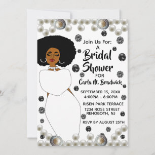 Invitación Perla de diamantes blancos ducha de novia afroamer