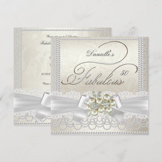 Invitación Perla de encaje damasco diamante blanco crema fabu (Anverso / Reverso)