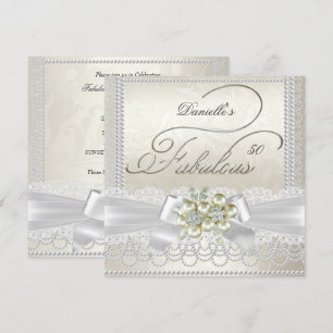 Invitación Perla de encaje damasco diamante blanco crema fabu