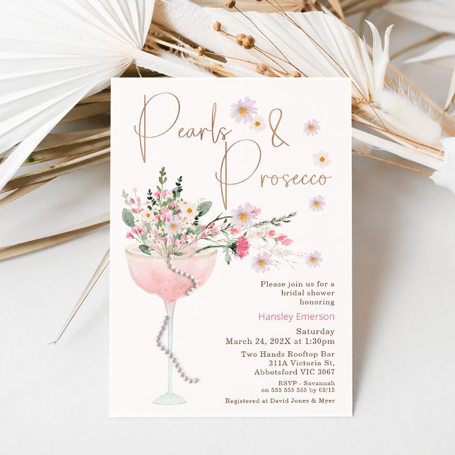 Invitación Perla de flores silvestres modernas y ducha de nov (Wildflowers pearls and prosecco bridal shower. Wedding shower pearls and prosecco invite, )