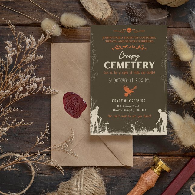 Invitación Perla del Cementerio con acento Naranja de zanahor (Creepy Cemetery Pearl with Carrot Orange Accent Invitation Cover from The Beekeeper Store)