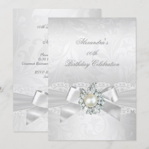 Invitación Perla Diamante Encaje Blanco Lazo Damasco Plata Fi