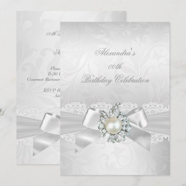 Invitación Perla Diamond Lace White Bow Damask Silver Fiesta (Anverso / Reverso)