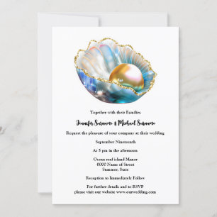 Invitación Perla en la playa de shimmer iridiscente de concha