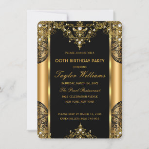Invitación Perla Encaje Oro Negro Glamour Fiesta de Cumpleaño