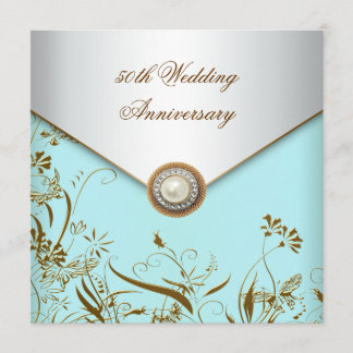 Invitación Perla Flor Dorada Turquesa 50 Aniversario de Bodas