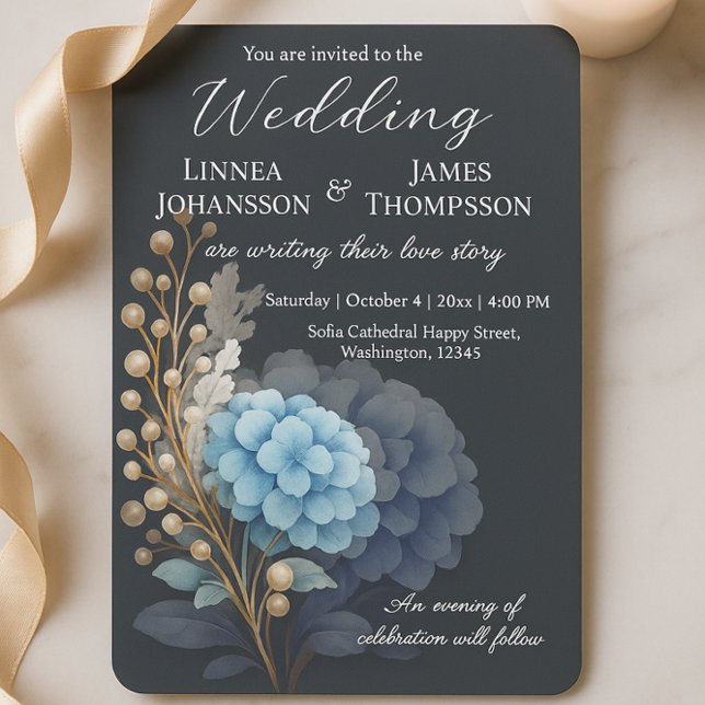 Invitación Perla gris oscura Hydrangea azul Boda de acuarela (Subido por el creador)