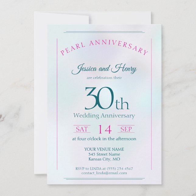 Invitación Perla irisada 30 aniversario de bodas (Anverso)