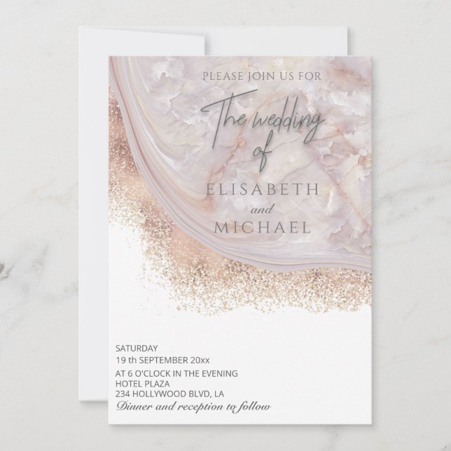 Invitación Perla mármol ágata caligrafía oro rosa (Anverso)