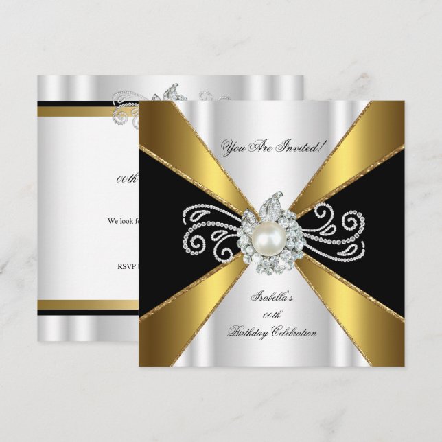 Invitación Perla Negro Blanco Diamante Fiesta de Cumpleaños (Anverso / Reverso)