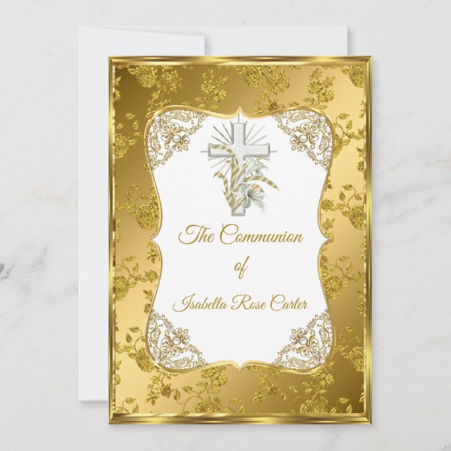 Invitación Perla Oro Blanco Cruz Santa comunión rosa Damasco (Anverso)