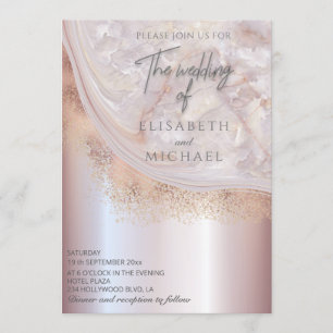 Invitación Perla oro rosa mármol ágata caligrafía metálica