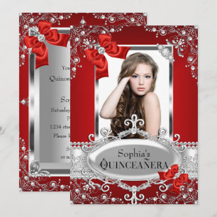 Invitación Perla Roja y Lazo de Seda Quinceañera Glamour