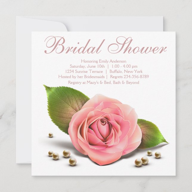 Invitación Perla rosa rosa de la ducha de novia blanca (Anverso)