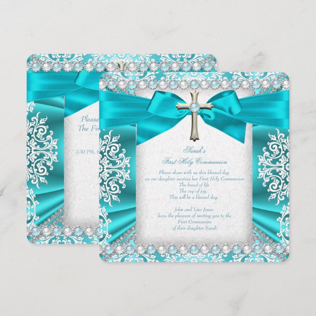 Invitación Perla Teal Blanca Primera Comunión Niñas 2 (Anverso / Reverso)