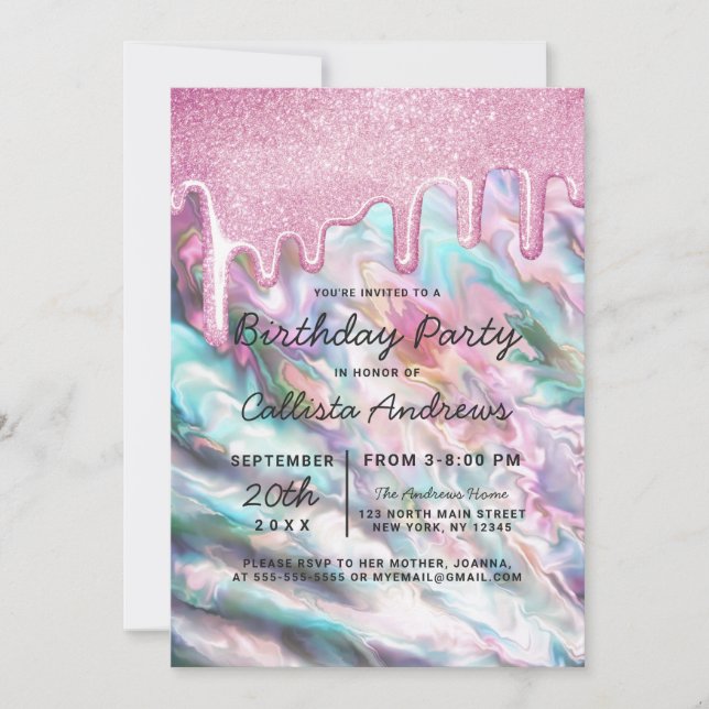 Invitación Perla Verde azulada Girly Rosa Perla Opal Purpurin (Anverso)