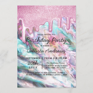 Invitación Perla Verde azulada Girly Rosa Perla Opal Purpurin