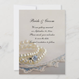 Invitación Perlas, Anillo y Boda de encaje azul salvan la fec