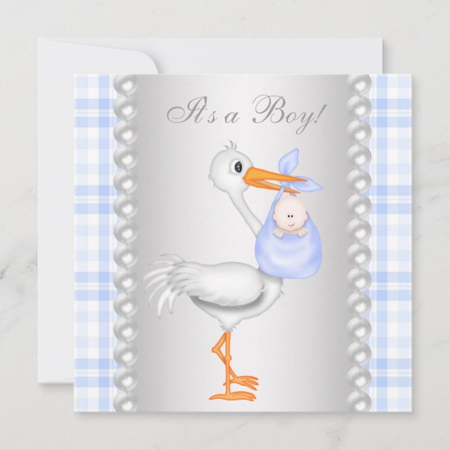 Invitación Perlas Azul Gingham Cigüeña Baby Shower (Anverso)