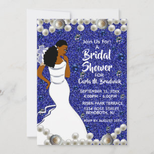 Invitación Perlas azules reales ducha de novia afroamericana
