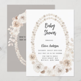 Invitación Perlas Beige y Blancas y Florals Baby Shower Inv