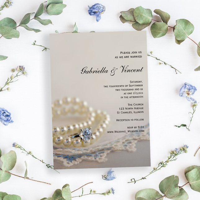 Invitación Perlas blancas, anillo de diamantes y Boda de enca (Set an elegant tone for your marriage with the Pearls, Diamond Ring and Blue Lace Wedding Invitation)