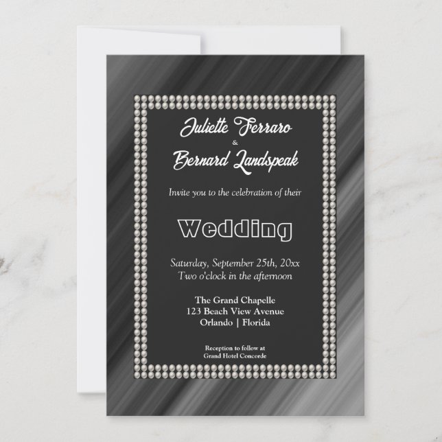 Invitación Perlas blancas, Boda negro y blanco retro (Anverso)