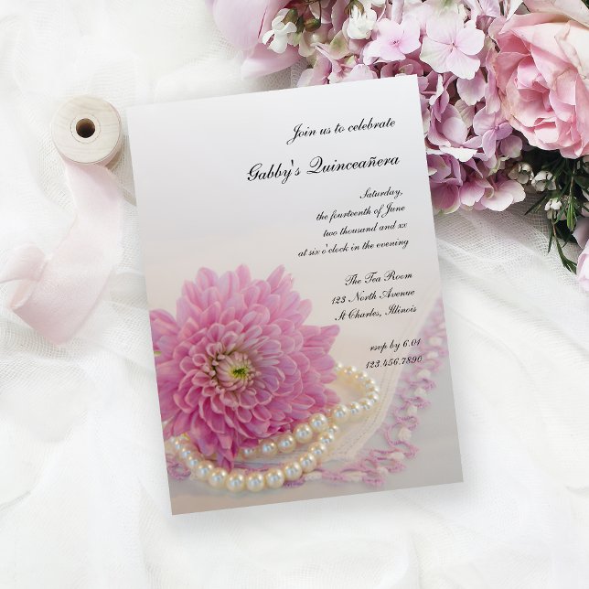 Invitación Perlas Blancas Flor Rosa Lace Quinceañera Fiesta (Subido por el creador)