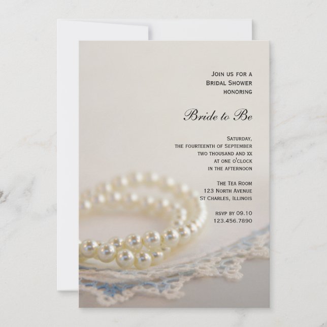 Invitación Perlas blancas y ducha azul de novia de encaje vin (Anverso)