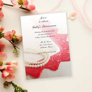 Invitación Perlas blancas y Fiesta Quinceañera de encaje rojo