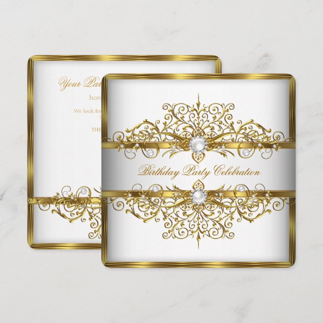 Invitación Perlas Blanco Oro Elegante Fiesta de Cumpleaños 2 (Anverso / Reverso)