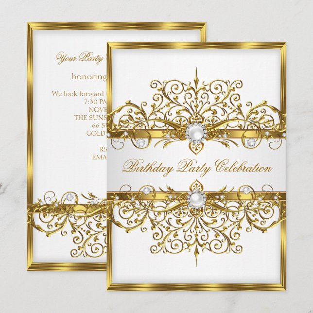 Invitación Perlas Blanco Oro Elegante Fiesta de Cumpleaños 2 (Anverso / Reverso)