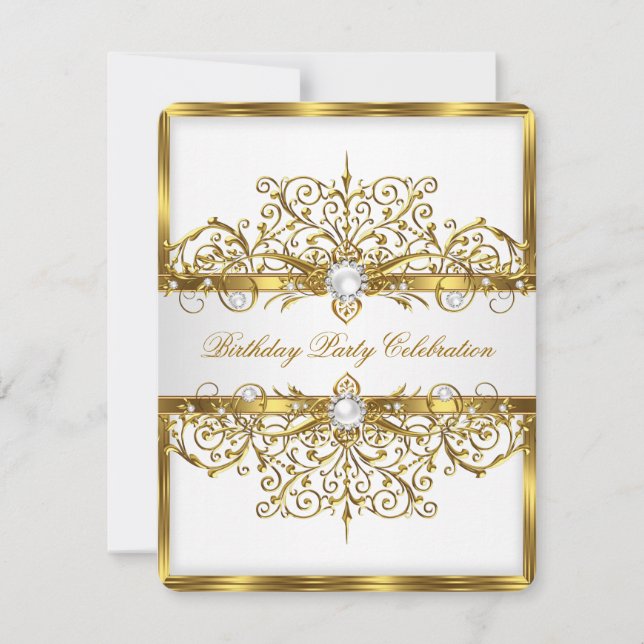 Invitación Perlas Blanco Oro Elegante Fiesta de Cumpleaños 3 (Anverso)