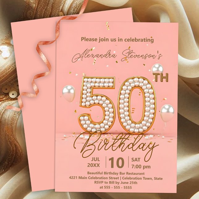 Invitación Perlas brillantes y acentos dorados 50 cumpleaños (Subido por el creador)