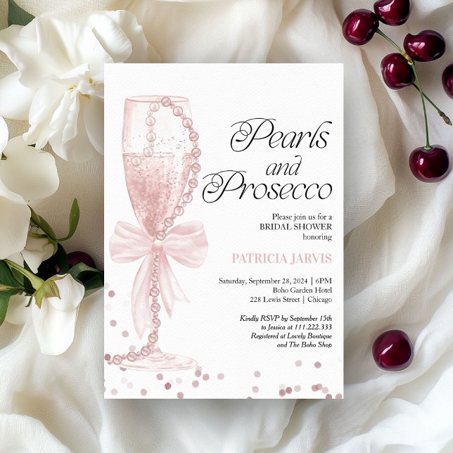 Invitación Perlas con Lazo Rosa y Brindis de Prosecco para De (Subido por el creador)