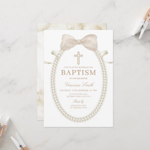 Invitación Perlas de Arco Blanco Beige Bautizo de Niña