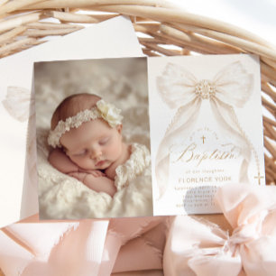Invitación Perlas de Arco de Marfil Elegante foto Bautizo
