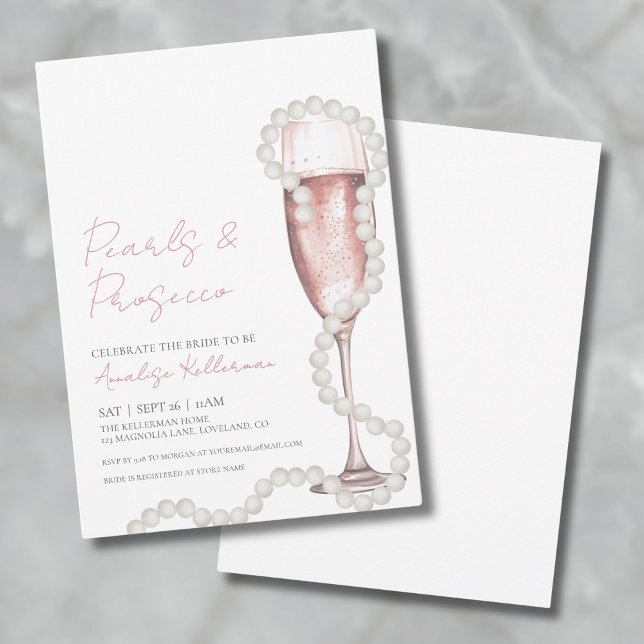Invitación Perlas de champagne rosa y ducha de novia Prosecco (Elegant Pink Champagne Bridal Shower Invitation)