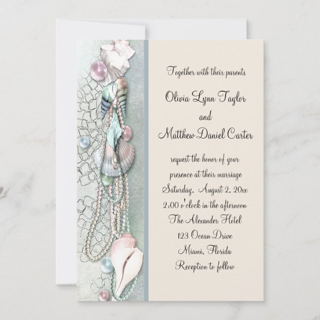 Invitación Perlas de Concha Boda de Playa Elegante (Anverso)