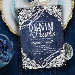 Invitación Perlas de Denim Encaje Moderno Elegante Cumpleaños