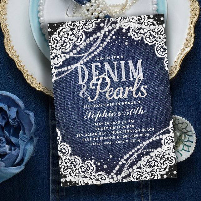 Invitación Perlas de Denim Encaje Moderno Elegante Cumpleaños (denim and pearls birthday party theme 50th for women white lace elegant modern classy)