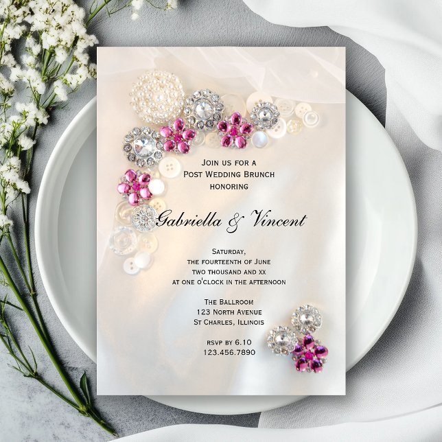 Invitación Perlas de Diamante Rosa Botones Post Boda Brunch (Subido por el creador)