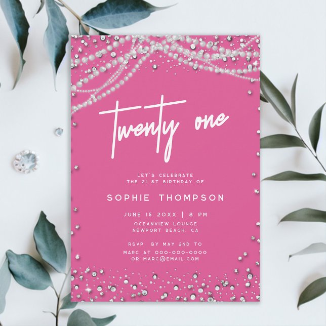 Invitación Perlas de diamantes rosados bonito Elegante cumple (diamonds and pearls 21st birthday invite for girls pretty pink elegant classy modern girly feminine)