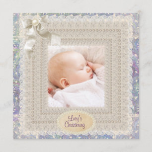 Invitación Perlas de encaje de marfil Rosa Morado Foto de niñ